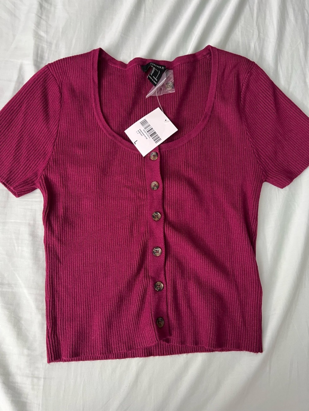 Forever21 Ribbed Button-Front Scoop Neck Top - Berry Pink